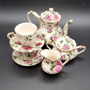 Vintage Mini Porcelain Tea Set 7pcRose Chintz Gold Trim Decorative Collectible